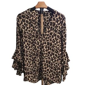 Vince Camuto Leopard Print V-Neck Ruffle Bell Sleeve Blouse Brown Tan Mens M